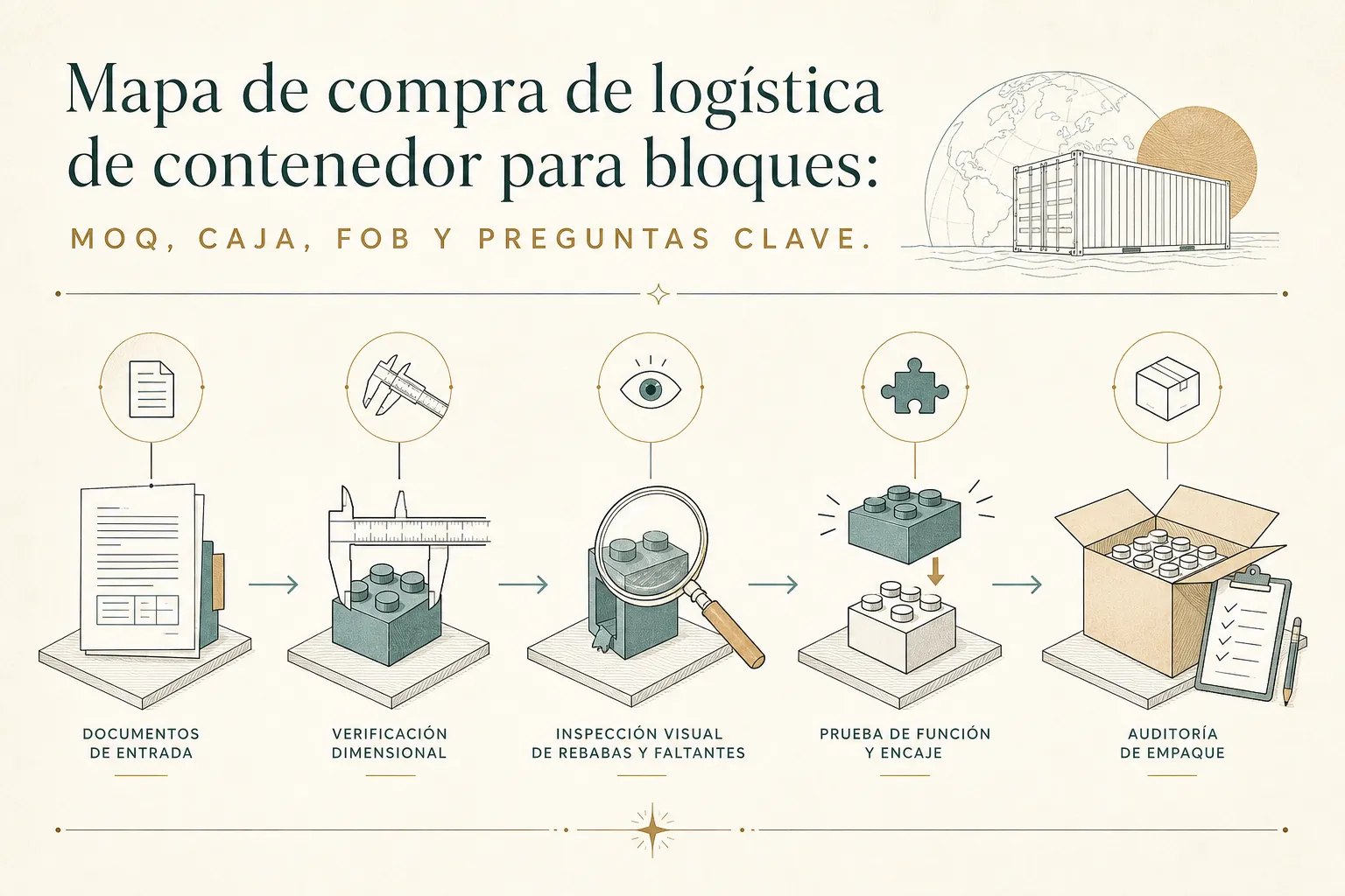 Explanatory diagram for Mapa de compra de logística de contenedor para bloques: MOQ, caja, FOB y pregunt