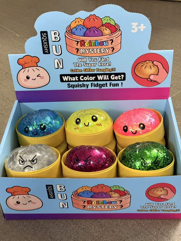 Glitter Water-Filled Smiling Bun – Squishy Sensorial con Agua y Purpurina | Venta por Mayoreo