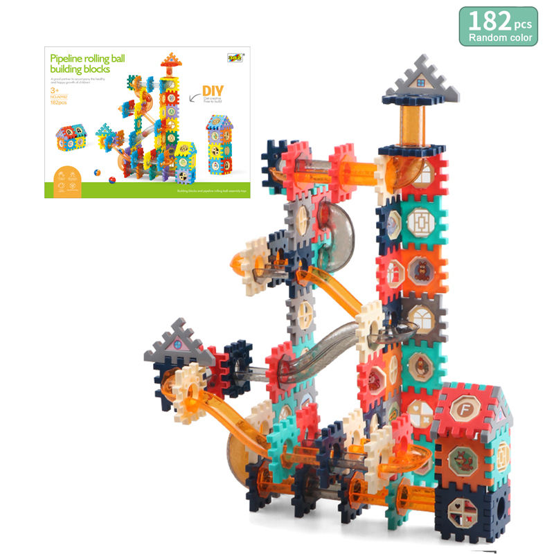 Juego de Bloques de Construcción STEM de Canicas con Pista de Carreras, 182 piezas