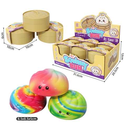 Mini Bun Squishy Arcoíris con Caja Display Tipo Vaporera – Bloquelandia CPS350805