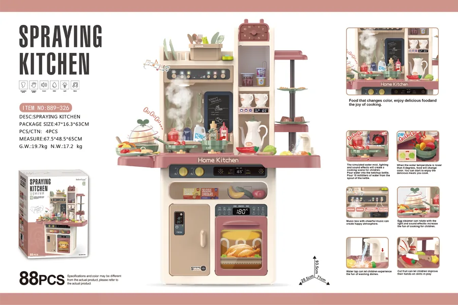 Cocina de Juguete 93.5 cm con Rociador, Vaporizador, Huevera Giratoria, Alimentos que Cambian de Color, Luces y Música (Versión Premium)