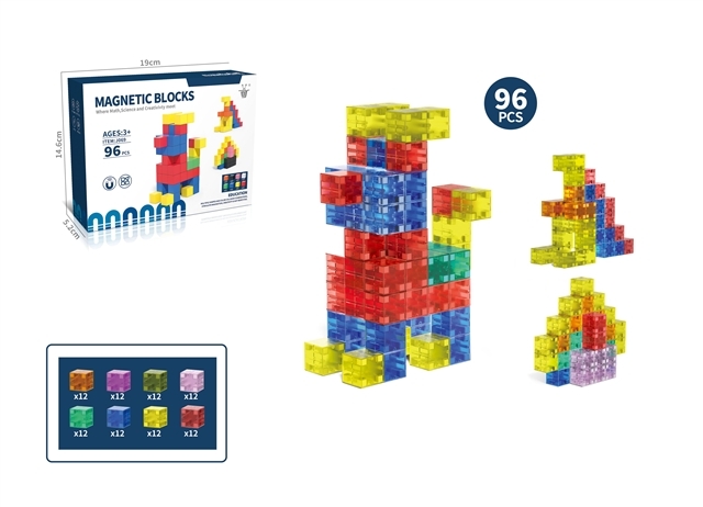 Set de 96 piezas de bloques magnéticos Bloqelandia – PC transparente de alta resistencia, construcción 3D libre, certificaciones EN71, CPC y ASTM